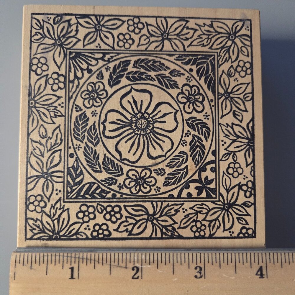 Magenta Floral Leaf Square Collage Wood Mounted Rubber Stamp